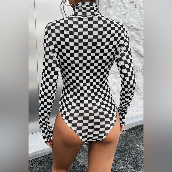 Checkered Turtleneck Long Sleeve Bodysuit 10010048278 - Picture 3 of 5